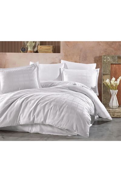 Clasy Aran Striped Satin Double Duvet Cover Set Marsela V1 White