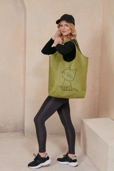 Timburly Kedi Baskılı Yeşil Katlanır Tela Cüzdan Taşıma Alışveriş Plaj Pazar Market Çantası