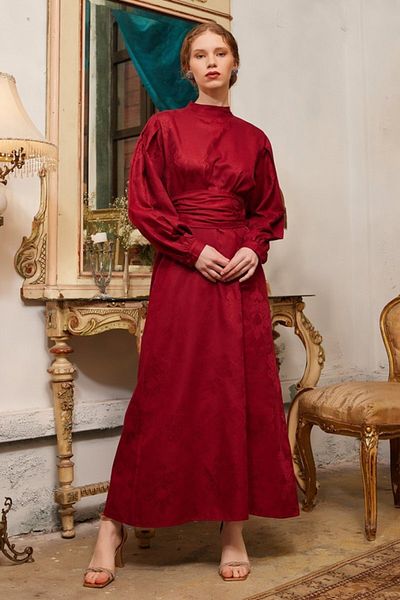 Ceylan Otantik Βραδινό φόρεμα Claret Red Jacquard
