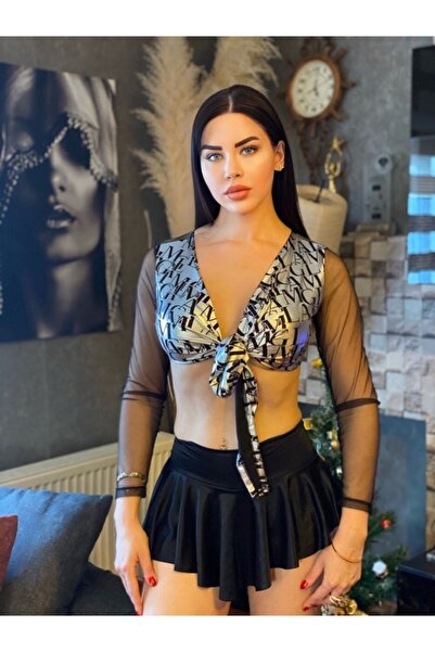 KAYAHAN COLLECTION Parlak Göğüsten Bağlamalı Kadın Şort Etekli Takım
