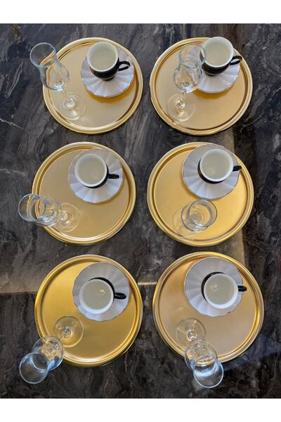 Mira züccaciye Yuvarlak Gold Sunum Tepsisi Dekoratif Servis Tepsisi Çay, Kahve 22 Cm 6'lı