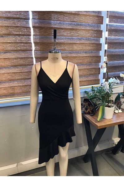 Secret Passion Lingerie Μαύρη ελαστική κρεπ υφασμάτινη φούστα Ασύμμετρη βολάν Λεπτομερές λουράκι Μίνι βραδινό φόρεμα 582058   677