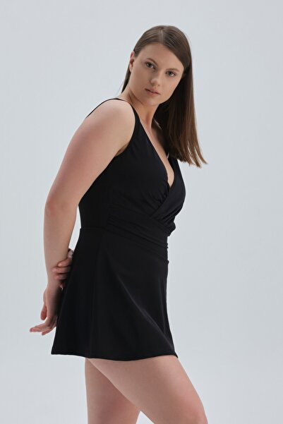 Dagi Schwarzer, drapierter, korsettierter Badeanzug mit V-Ausschnitt