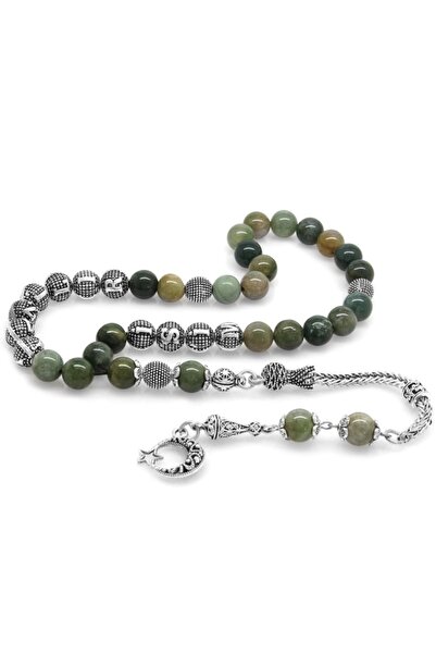 EbruHome مسبحة من الحجر الطبيعي من العقيق الهندي مع قطع كروية معدنية غير مشوه...