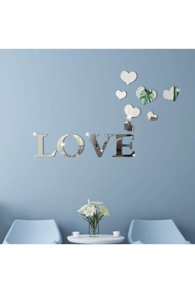 Genel Markalar Pleksi Love Kalpli Gümüş Dekorarif Duvar Süsü Arkası Yapışkanlı