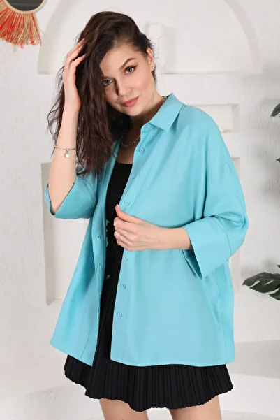 FEMELLE Women's Turquoise Hidden Buttoned Poor Sleeve Casual Oversize Wide Fit 50% Viscose 50% Cotton Shirt