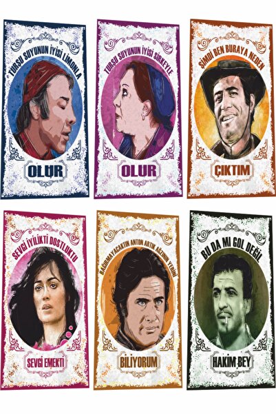 Yeşilçam Turkish Cinema Portraits and Lines Series-3- Mini Retro Wood Poster Set of 6