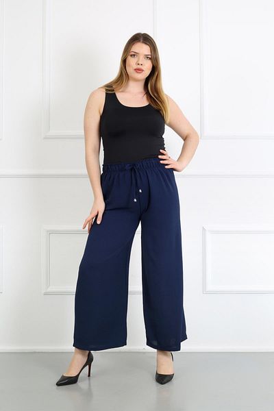 By Alba Collection Women's Navy Blue Ayrobin Fabric Standard Size Trousers with Elastic Waist