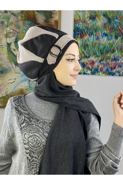 BUTİKAMBAR Bordo Krem Kareli Badem Model Tokalı Koyu Füme Atkılı Bere Şal