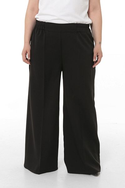 DISENTIS MODEST Plus Size Wide Leg Double Black Trousers with Elastic Waist, Sides and Back