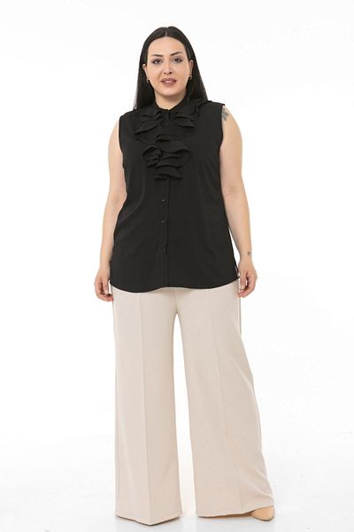 DISENTIS MODEST Plus Size Wide Leg Double Beige Trousers with Elastic Waist and Side and Back