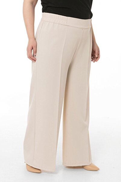 DISENTIS MODEST Plus Size Wide Leg Double Beige Trousers with Elastic Waist and Side and Back