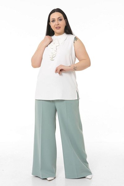 DISENTIS MODEST Plus Size Wide Leg Double Mint Green Trousers with Elastic Waist and Side and Back