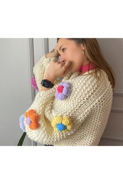 ORGANICMIRA Kadın Beyaz Çok Renkli Çiçekli Beyaz Hırka Oversize Crop Ceket Kalın Salaş Ceket Çiçek Desenli