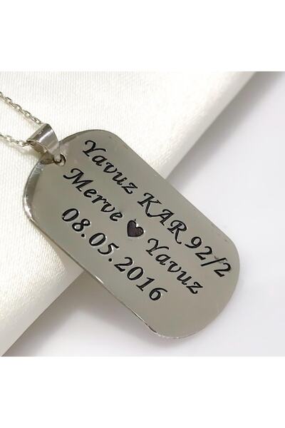 MaGümüş Asker Künye Isim Tarih Kalp Yazılı Gümüş Kolye