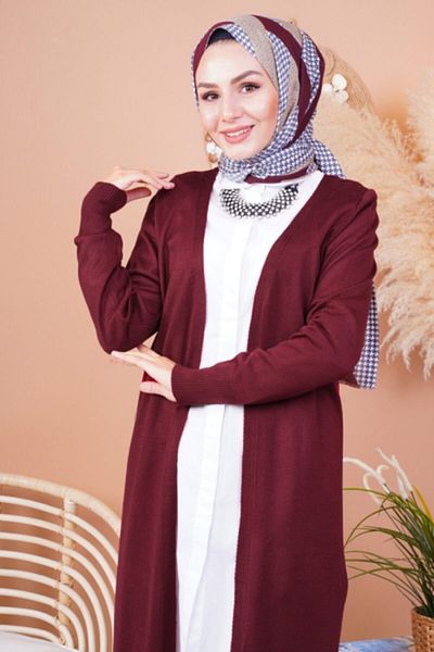 FY Giyim Women's Burgundy Seasonal Long Knitwear Cardigan