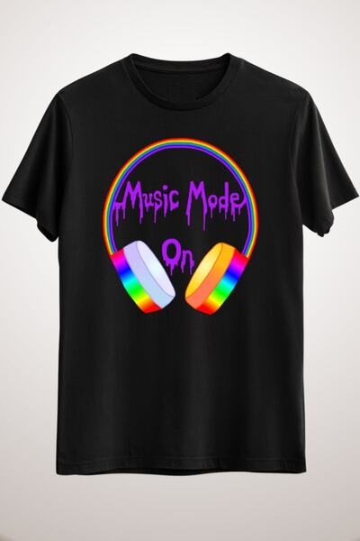GreenMint تيشيرت موسيقى أسود للجنسين وضع الموسيقى على سماعات قوس قزح