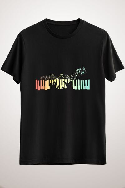 GreenMint تي شيرت أسود للجنسين بلوحة مفاتيح البيانو - نمط البيانو للملاحظات ا...