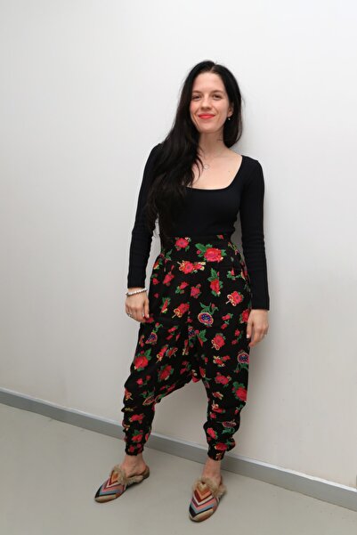 Adana İşi Küçük Desenli Çiçekli Siyah Şalvar