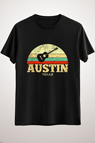 GreenMint للجنسين أسود ريترو أوستن تكساس جيتار جيتار قميص خمر لون ستار ستيت