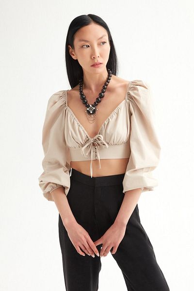 Açelya Okcu Women's Beige Terikoton Front Tie Blouse