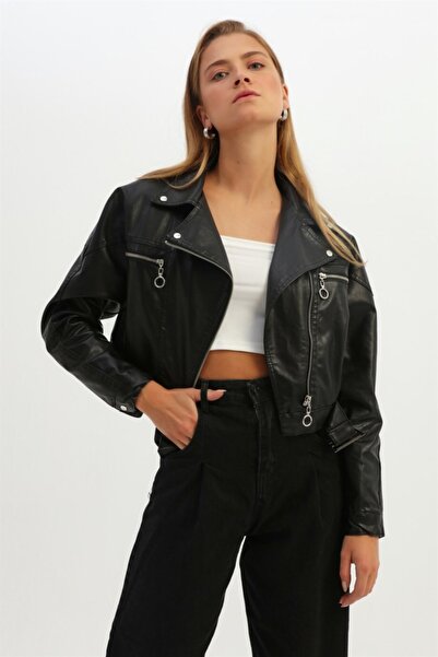 Quzu Biker Pocket Leather Jacket Black