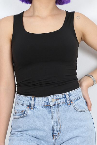 CİDDE Women's Thick Straps Lycra Basic Square Neck Sleeveless Undershirt Blouse/Black/L