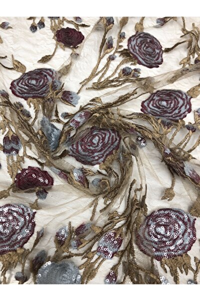 öztayteks Mavi Bordo Kahve 3 Boyutlu Çiçek Işlemeli Dantel Kumaş-dantel02