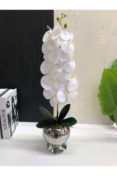 TarzzHome Yapay Islak Orkideli Metal Saksı & Vazo Büyük Gümüş