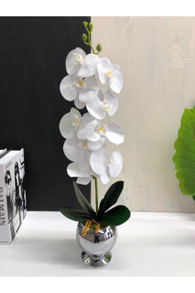 TarzzHome وعاء زهور معدني ومزهرية مع أوركيد رطب صناعي صغير فضي