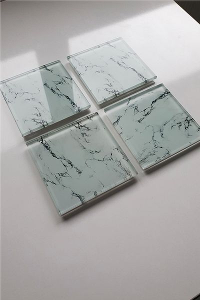 Decorita Glass Coaster| Set of 4 White Marble Look| 10cm X 10cm