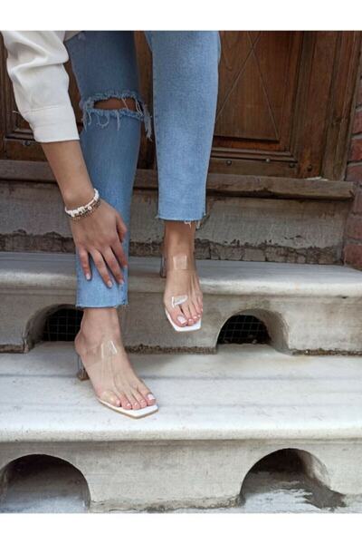 LİNA SHOES Λευκές γυμνές διάφανες παντόφλες με τακούνι