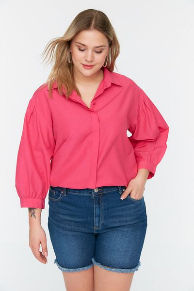 Trendyol Curve Fukszia szövött ujjú részletes poplin ing TBBSS22GO0614
