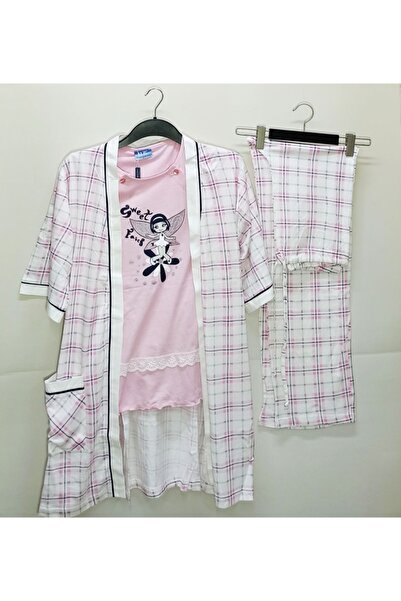 Haluk Bayram Ekose Sabahlıklı Lohusa Pijama 3lü Takım Pembe
