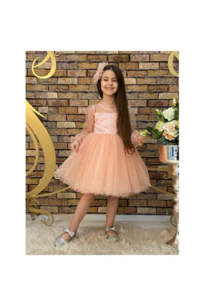 Happy Kids Kız Çocuk Puantiye Tüllü Toka Aksesuarlı Elbise Pudra (6-10) Yaş A...