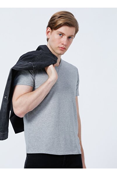 LİMON COMPANY Lemon V-Neck Basic Plain Gray Melange Men's T-Shirt - Tom