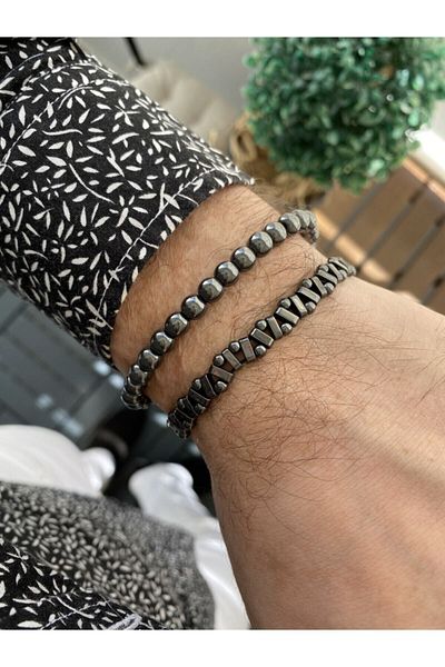 İSTLİV Men's Zigzag & Hematite 2 Piece Natural Stone Bracelet Set Macrame Adjustable Braid
