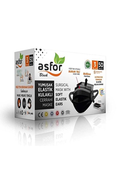 Asfor Siyah Yumuşak Elastik Kulaklı Maske 50 Adet