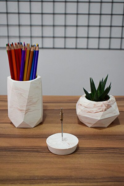 PAYATASARIM Mermer Beton Ofis Seti Kalemlik Saksı Notluk Kaktüs