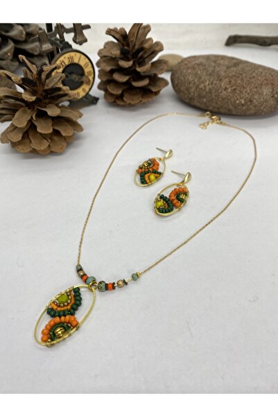 Porsuk Alternatif El Yapımı Etnik Otantik Hippi Bohem Örgü Boncuk Kolye Küpe Set