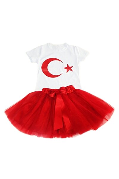 FATELLA Kız Çocuk Kısa Kol 23 Nisan 29 Ekim Beyaz Zemin Üstüne Kırmızı Ay Yıldız Kırmızı Tütü(