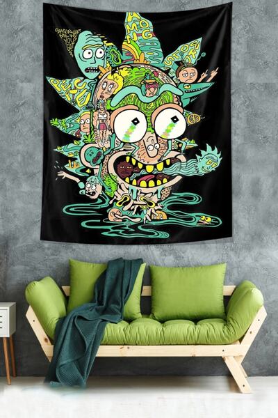 on the clouds Rick And Morty Desen Leke Tutmaz Kadife Dokulu Kumaş Duvar Örtü...
