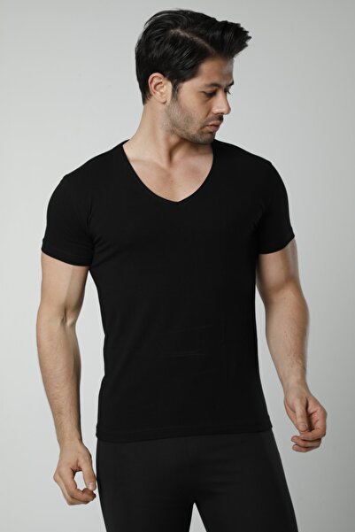 Hmd Pack of 3 Men's Deep V-Neck Short Sleeve Lycra Black T-shirt (712-713)