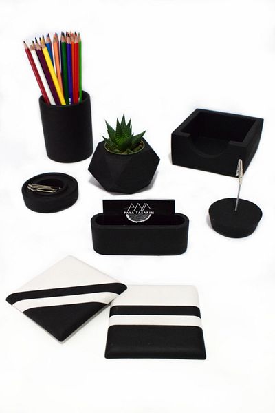 PAYATASARIM Concrete Office Set Pen Holder Flower Pot Note Holder Cup Holder Memo Pad Holder Paper Clip Holder Business Card Holder Cactus