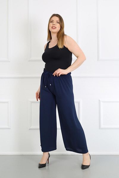 By Alba Collection Women's Navy Blue Ayrobin Fabric Standard Size Trousers with Elastic Waist