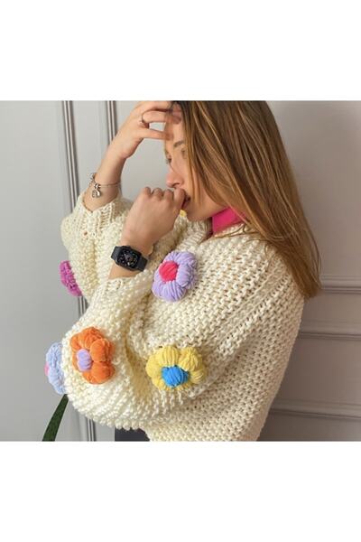 ORGANICMIRA Kadın Beyaz Çok Renkli Çiçekli Beyaz Hırka Oversize Crop Ceket Kalın Salaş Ceket Çiçek Desenli