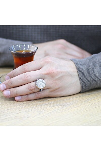 Tesbihane Üzerine Hüsn-i Hat "ayetel Kürsi" Yazılı Minimal Tasarım 925 Ayar Gümüş Erkek Yüzük