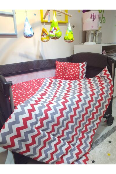 bebek_iklimi 70x110 Baby Sleeping Set with Mosquito Net Zigzag Pattern 12 Pieces Compatible with Park Cribs (crib Not Included)