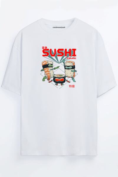 Harmandar Tricou oversize unisex negru - alb cu imprimeu Anime Sushi Ninja Squad
