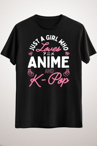 GreenMint تي شيرت أسود للجنسين Just A Girl Who Loves Anime And K Pop Music تي...